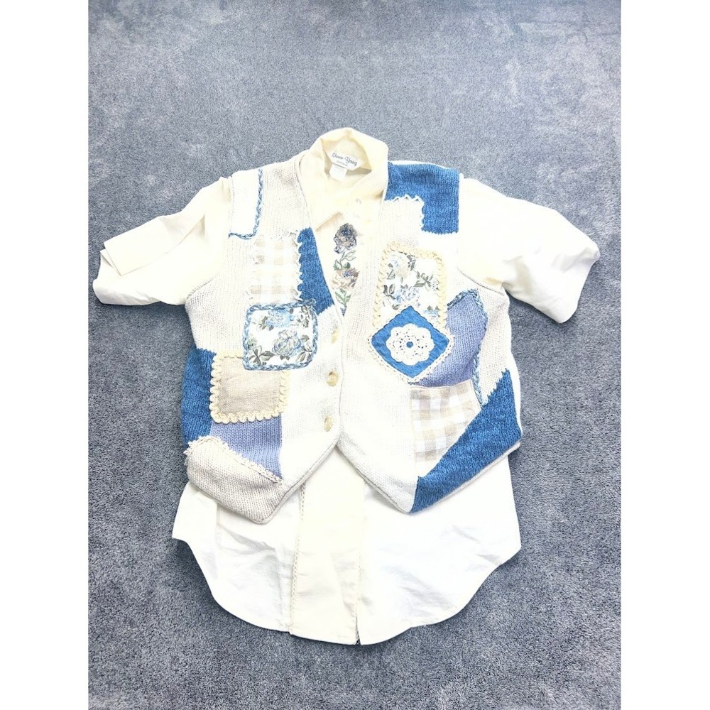 Sharon Young Vintage Patchwork Knit Vest & Floral Embroidered Blouse Set Blue 8